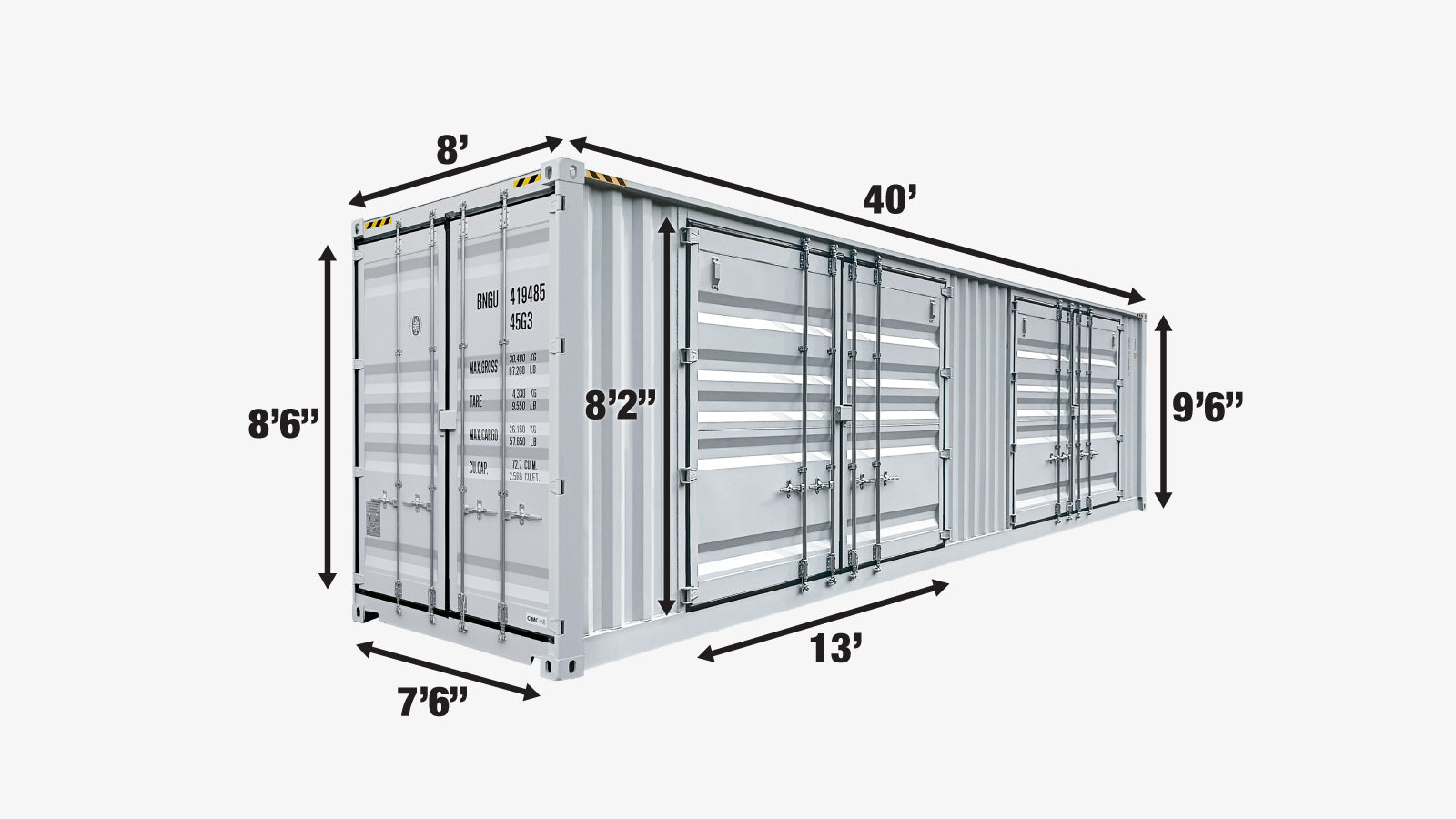 Container Feet 40-Foot High Cube Shipping Container with 2 Side Doors – One-Way Use S