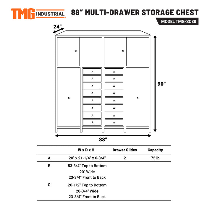 TMG-SC88 88" Multi-Drawer Tool Storage Chest for Workshops and Garages