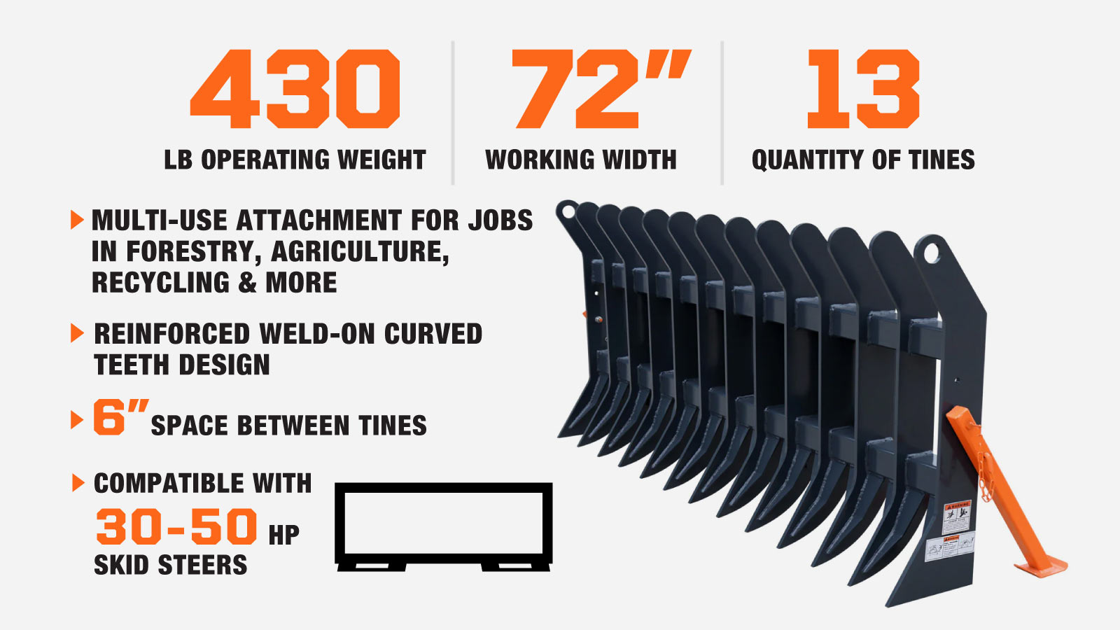 Root Debris Rake TMG Industrial 72” Skid Steer Root Debris Rake Attachment, Universal M