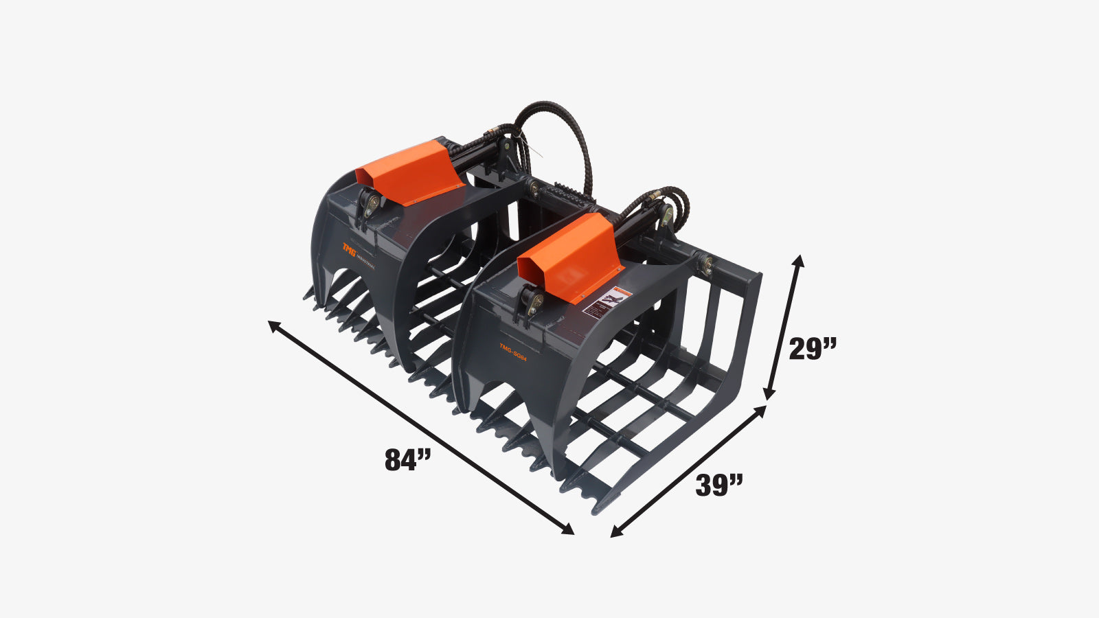TMG Industrial 84” Skid Steer Rock Skeleton Grapple Attachment, Universal Mount, 36” Arm Opening, 6” Tine Spacing, 2500 lb Weight Capacity, TMG-SG84-specifications-image