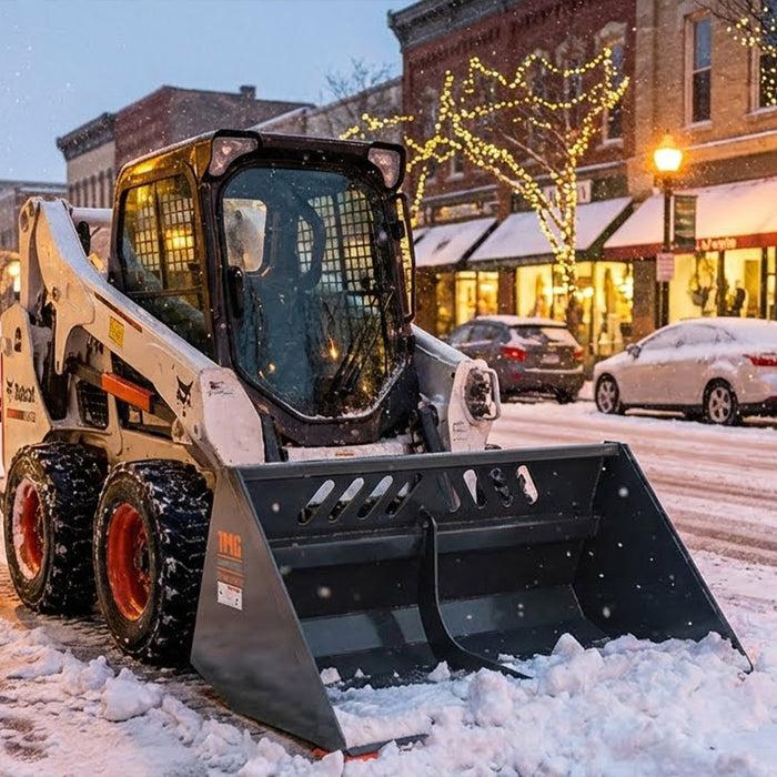 Heavy-Duty 60" Skid Steer Snow/Mulch Bucket, Bolt-On Cut Edge, 1500-lb Weight Capacity, Universal Quick Mount, TMG-SN60
