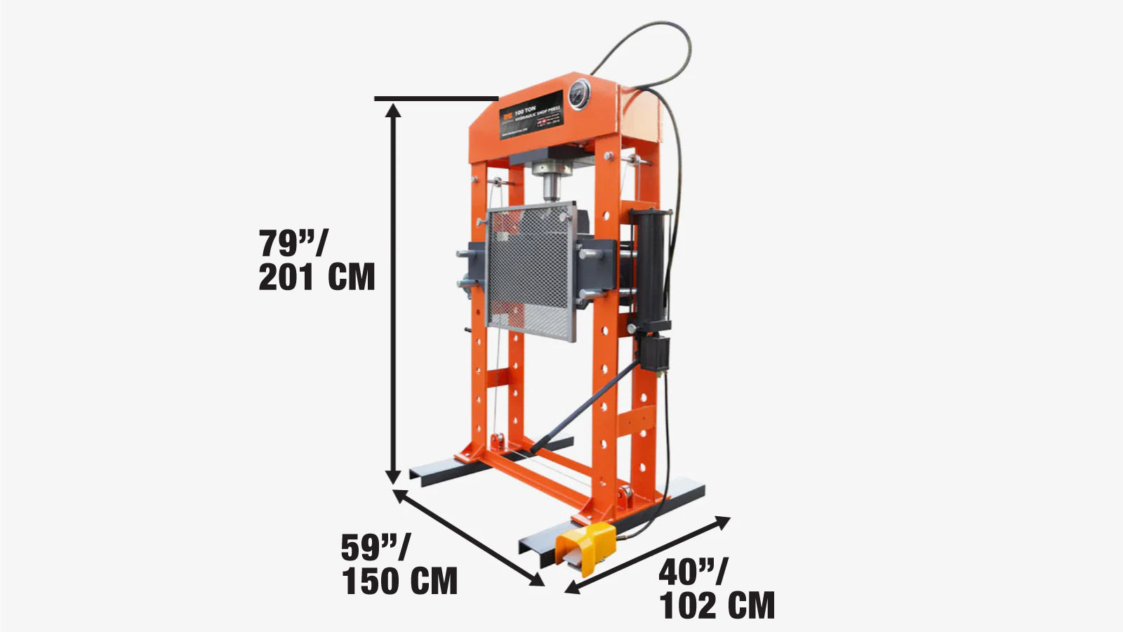 100 Ton Capacity Hydraulic Shop Press, Heavy Duty Pressing, Protective Grid Guard, Fully Welded H-Frame, Air & Manual Dual Operation, TMG-SP100-specifications-image