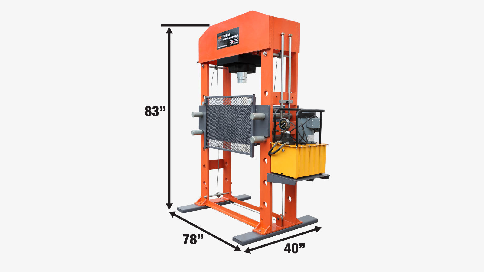 TMG Industrial 150 Ton Capacity Hydraulic Shop Press, Heavy Duty Pressing, Protective Grid Guard, Fully Welded H-Frame, Air & Manual Dual Operation, TMG-SP150-specifications-image