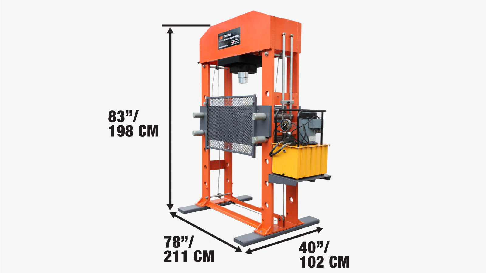 150 Ton Capacity Electric Hydraulic Shop Press, Heavy Duty Pressing, Protective Grid Guard, Fully Welded H-Frame, TMG-SP150-specifications-image