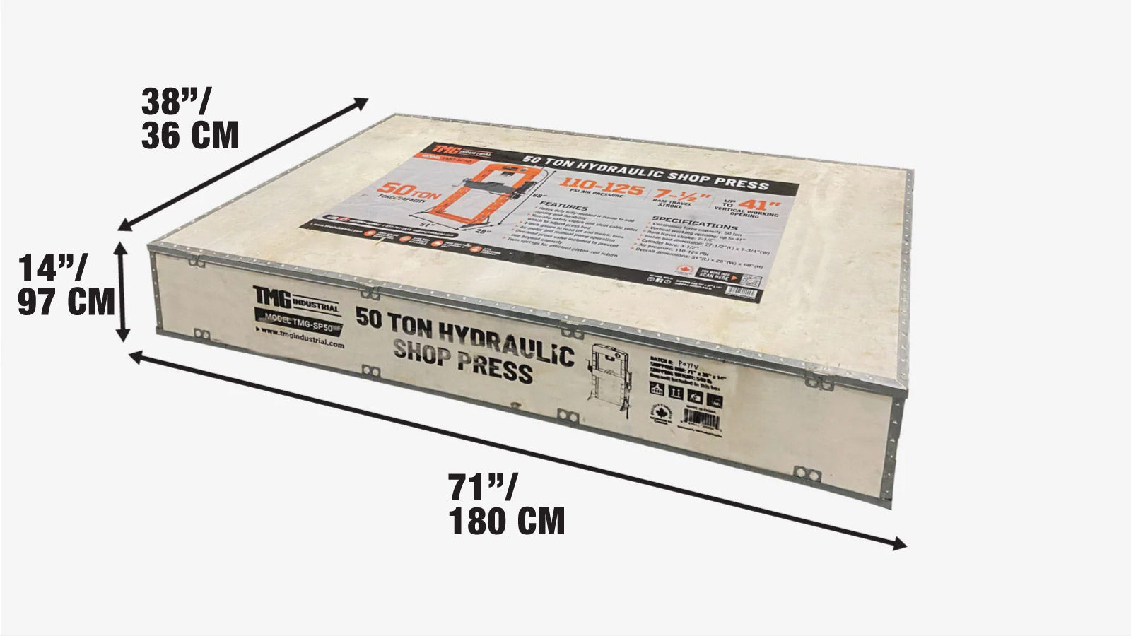 50 Ton Capacity Hydraulic Shop Press, Heavy Duty Pressing, Fully Welded H-Frame, Air & Manual Dual Operation, TMG-SP50-shipping-info-image