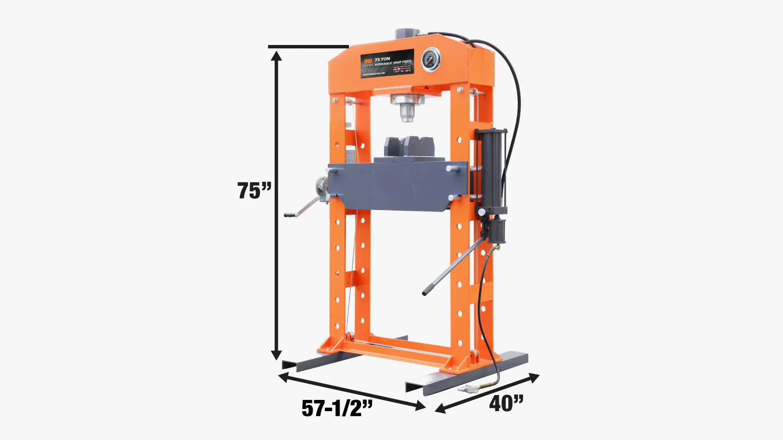 TMG Industrial 75 Ton Capacity Hydraulic Shop Press, Heavy Duty Pressing, Fully Welded H-Frame, Air & Manual Dual Operation, TMG-SP75-specifications-image
