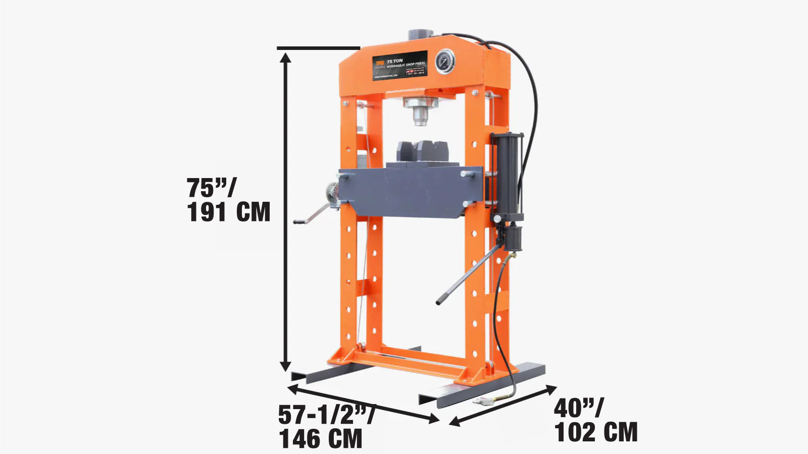 75 Ton Capacity Hydraulic Shop Press, Heavy Duty Pressing, Fully Welded H-Frame, Air & Manual Dual Operation, TMG-SP75-specifications-image