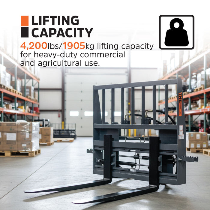 42" Pallet Fork for Skid Steer, Heavy Duty Class II Forks, Hydraulic Side Shift, 4,200 lbs Capacity and Wide Guard, TMG-SPF42S