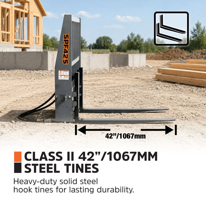 42" Pallet Fork for Skid Steer, Heavy Duty Class II Forks, Hydraulic Side Shift, 4,200 lbs Capacity and Wide Guard, TMG-SPF42S