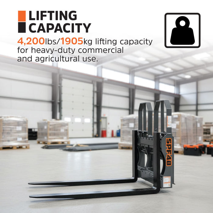 48" Pallet Fork for Skid Steer, Heavy Duty Class II Forks, 4,200 lbs Capacity and Wide Guard, TMG-SPF48