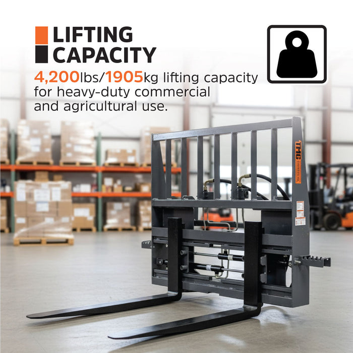 60" Pallet Fork for Skid Steer, Heavy Duty Class II Forks, Hydraulic Side Shift, 4,200 lbs Capacity and Wide Guard, TMG-SPF60S