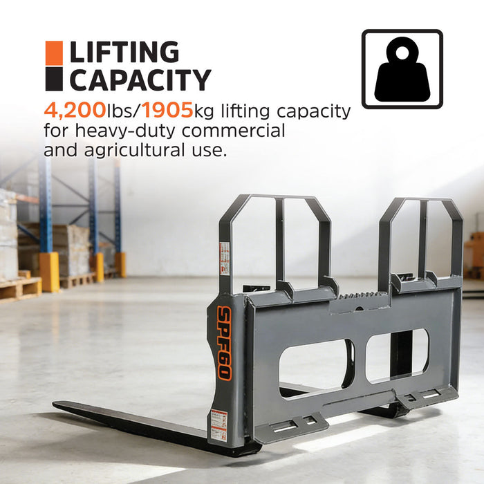 60" Pallet Fork for Skid Steer, Heavy Duty Class II Forks, 4,200 lbs Capacity and Wide Guard, TMG-SPF60