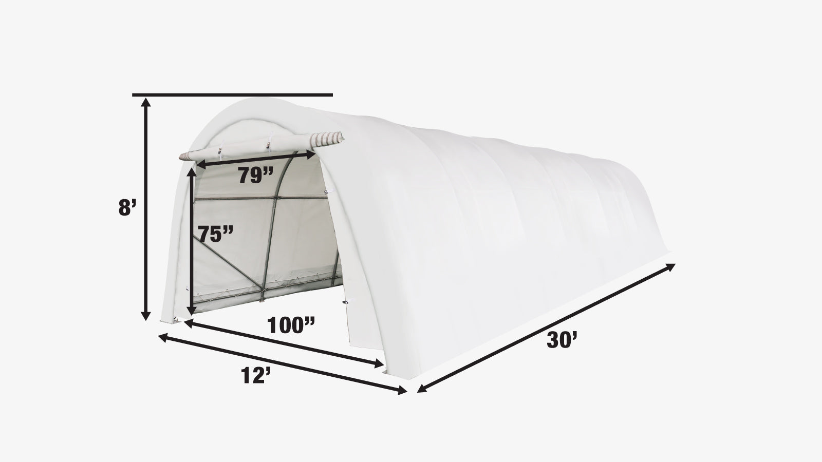 TMG Industrial 12’ x 30’ Car Shelter w/Rounded Roof & Heavy-Duty 11 OZ PE Fabric Cover, Galvanized Steel Frame, Roll-Up Doors, TMG-ST1230R-specifications-image