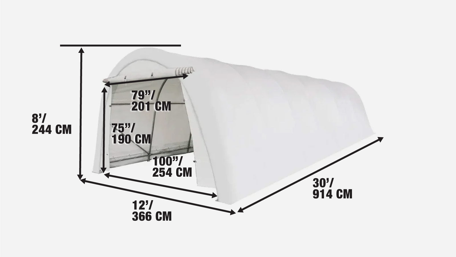 12’ x 30’ Car Shelter w/Rounded Roof & Heavy-Duty 11 OZ PE Fabric Cover, Galvanized Steel Frame, Fabric front roll-up door, TMG-ST1230R-specifications-image