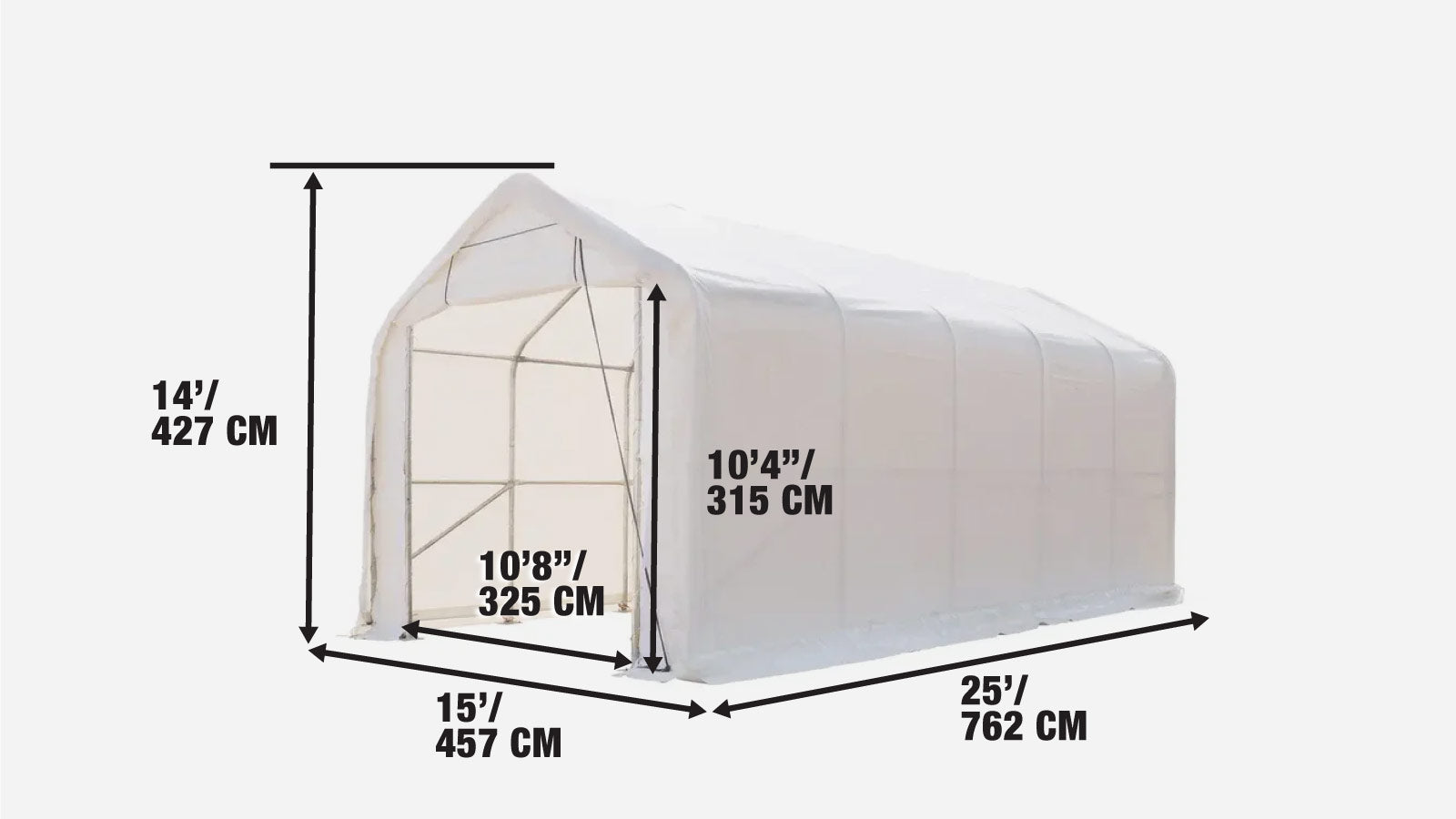 15’ x 25’ RV/Motorhome Storage Shelter, 17 oz PVC Fabric Cover, Front Roll-Up Door, Enclosed Rear Wall, 3-Layer Galvanized Steel Frame, 10’ Straight Sidewalls, TMG-ST1525-specifications-image