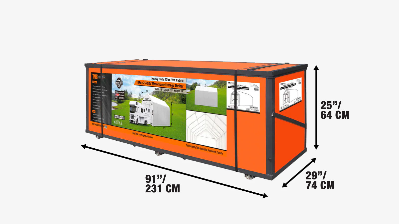 15’ x 25’ RV/Motorhome Storage Shelter, 17 oz PVC Fabric Cover, Front Roll-Up Door, Enclosed Rear Wall, 3-Layer Galvanized Steel Frame, 10’ Straight Sidewalls, TMG-ST1525-shipping-info-image