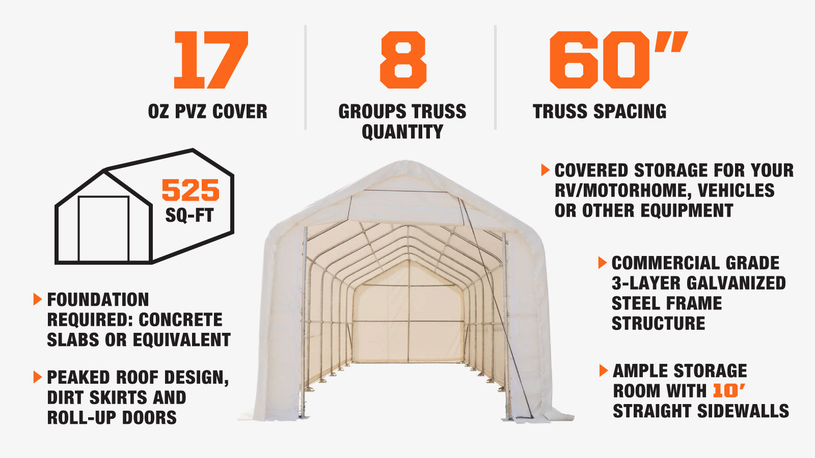 TMG Industrial 15’ x 35’ RV/Motorhome Storage Shelter, 17 oz PVC Fabric Cover, Front Roll-Up Door, Enclosed Rear Wall, 3-Layer Galvanized Steel Frame, 10’ Straight Sidewalls, TMG-ST1535-description-image