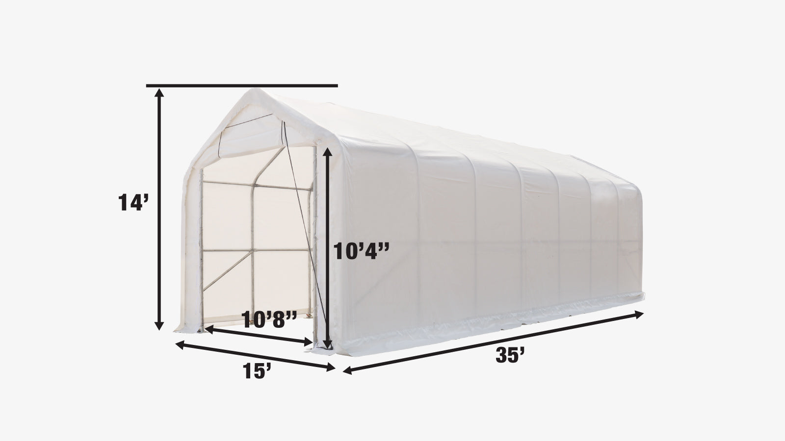 TMG Industrial 15’ x 35’ RV/Motorhome Storage Shelter, 17 oz PVC Fabric Cover, Front Roll-Up Door, Enclosed Rear Wall, 3-Layer Galvanized Steel Frame, 10’ Straight Sidewalls, TMG-ST1535-specifications-image