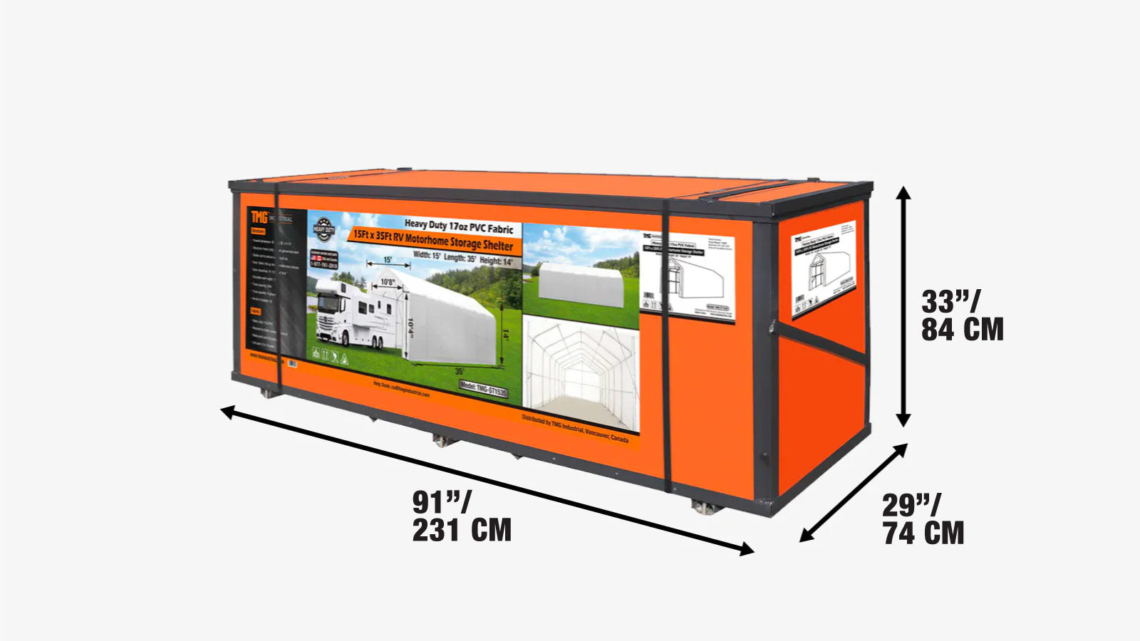 15’ x 35’ RV/Motorhome Storage Shelter, 17 oz PVC Fabric Cover, Front Roll-Up Door, Enclosed Rear Wall, 3-Layer Galvanized Steel Frame, 10’ Straight Sidewalls, TMG-ST1535-shipping-info-image