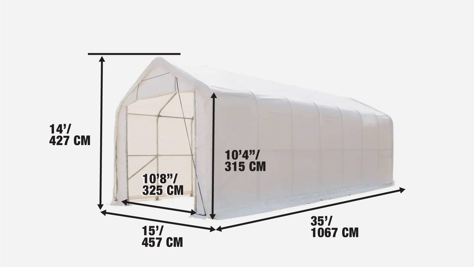 15’ x 35’ RV/Motorhome Storage Shelter, 17 oz PVC Fabric Cover, Front Roll-Up Door, Enclosed Rear Wall, 3-Layer Galvanized Steel Frame, 10’ Straight Sidewalls, TMG-ST1535-specifications-image