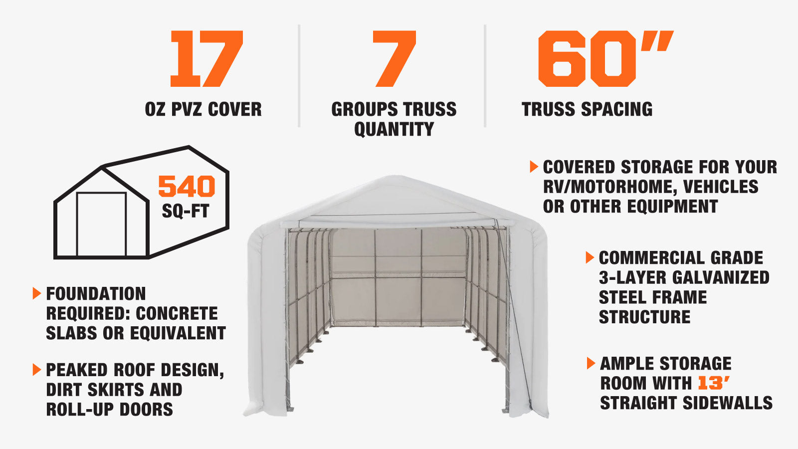 TMG Industrial 18’ x 30’ RV/Motorhome Storage Shelter, 17 oz PVC Fabric Cover, Front Roll-Up Door, Enclosed Rear Wall, 3-Layer Galvanized Steel Frame, 13’ Straight Sidewalls, TMG-ST1830-description-image