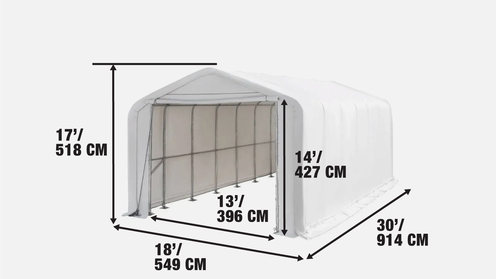 18’ x 30’ RV/Motorhome Storage Shelter, 17 oz PVC Fabric Cover, Front Roll-Up Door, Enclosed Rear Wall, 3-Layer Galvanized Steel Frame, 13’ Straight Sidewalls, TMG-ST1830-specifications-image