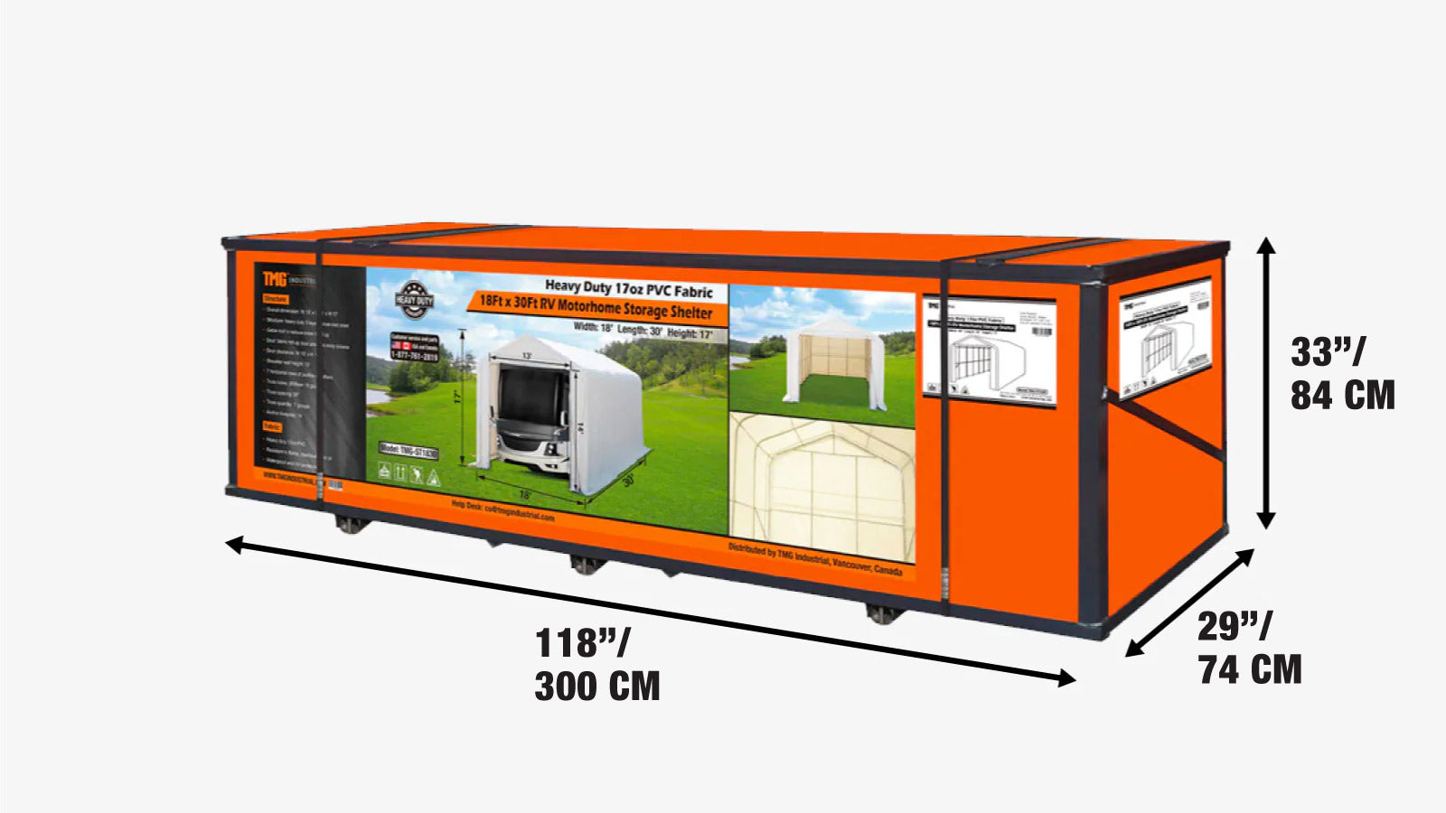 18’ x 30’ RV/Motorhome Storage Shelter, 17 oz PVC Fabric Cover, Front Roll-Up Door, Enclosed Rear Wall, 3-Layer Galvanized Steel Frame, 13’ Straight Sidewalls, TMG-ST1830-shipping-info-image