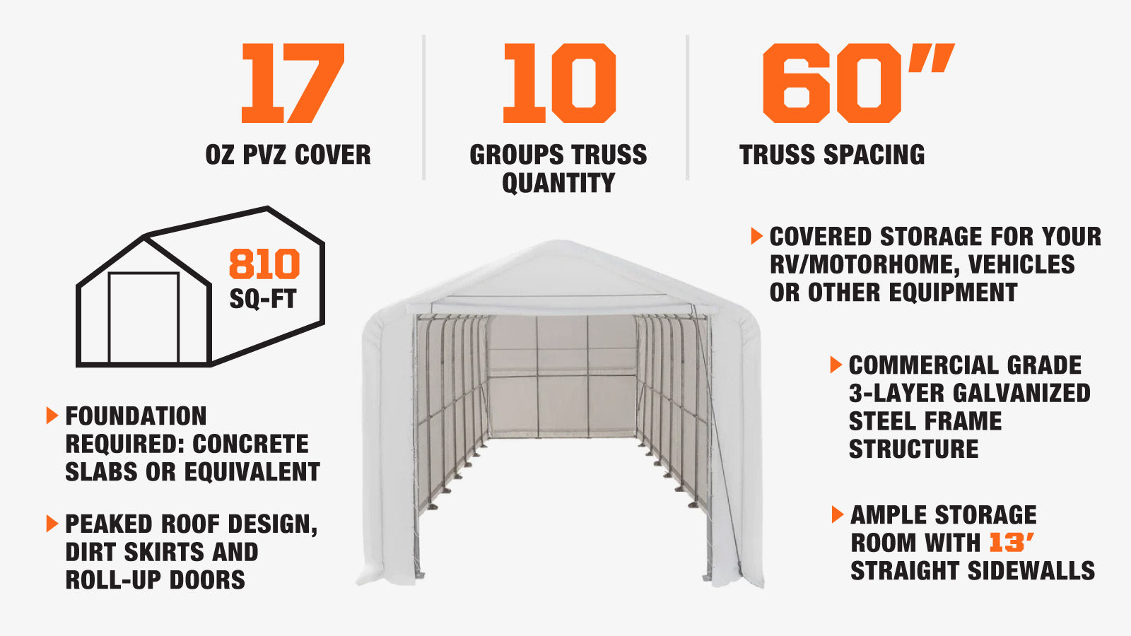 TMG Industrial 18’ x 45’ RV/Motorhome Storage Shelter, 17 oz PVC Fabric Cover, Front Roll-Up Door, Enclosed Rear Wall, 3-Layer Galvanized Steel Frame, 13’ Straight Sidewalls, TMG-ST1845-description-image