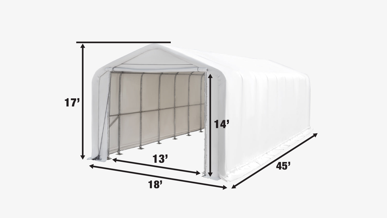 TMG Industrial 18’ x 45’ RV/Motorhome Storage Shelter, 17 oz PVC Fabric Cover, Front Roll-Up Door, Enclosed Rear Wall, 3-Layer Galvanized Steel Frame, 13’ Straight Sidewalls, TMG-ST1845-specifications-image