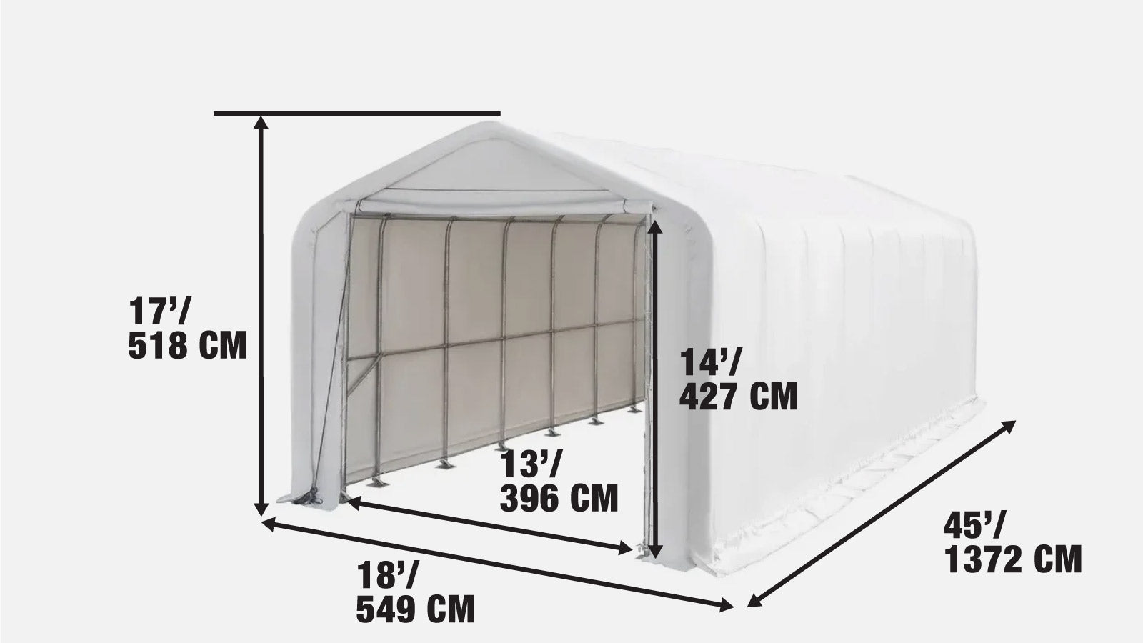 18’ x 45’ RV/Motorhome Storage Shelter, 17 oz PVC Fabric Cover, Front Roll-Up Door, Enclosed Rear Wall, 3-Layer Galvanized Steel Frame, 13’ Straight Sidewalls, TMG-ST1845-specifications-image