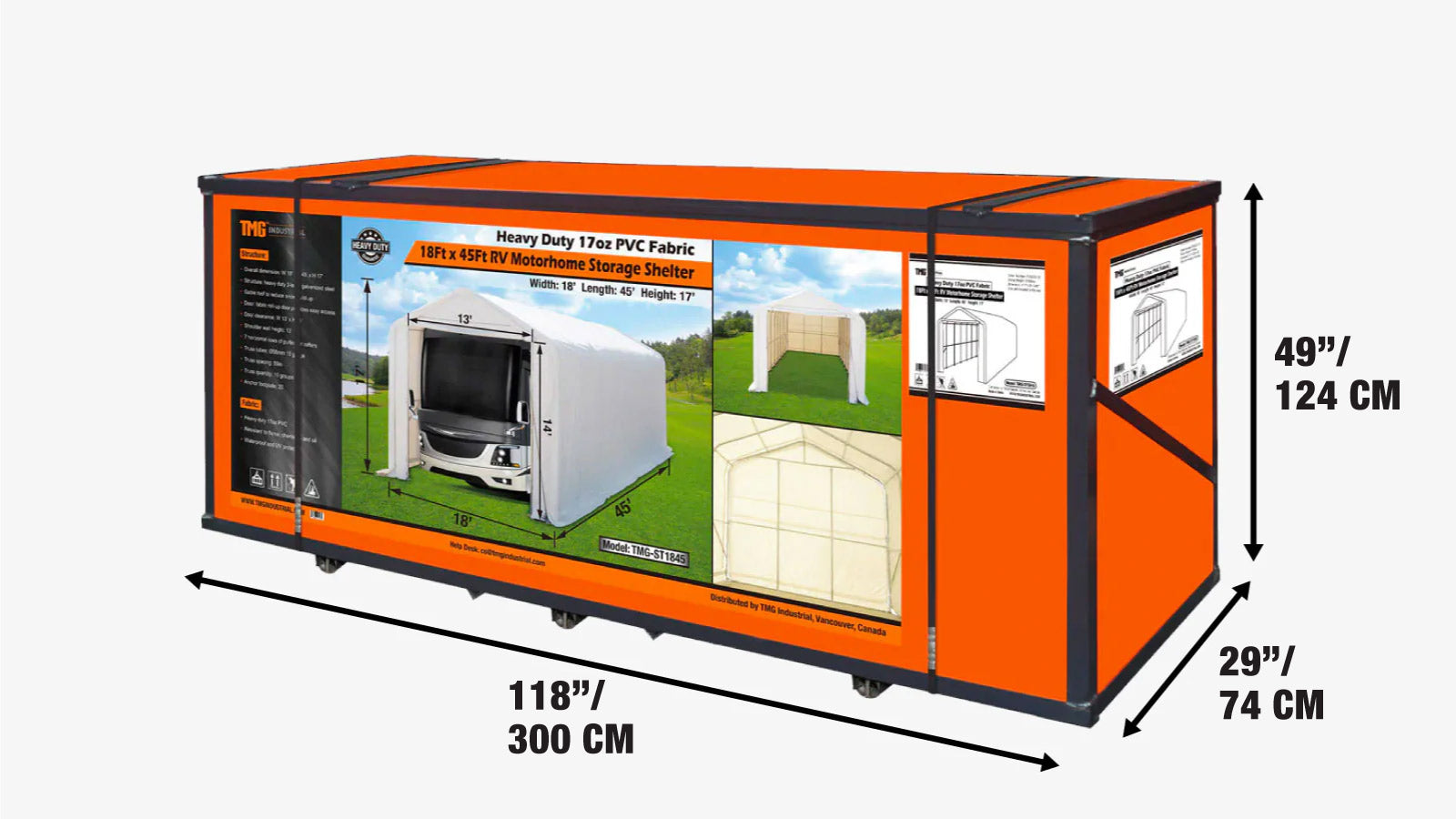 18’ x 45’ RV/Motorhome Storage Shelter, 17 oz PVC Fabric Cover, Front Roll-Up Door, Enclosed Rear Wall, 3-Layer Galvanized Steel Frame, 13’ Straight Sidewalls, TMG-ST1845-shipping-info-image