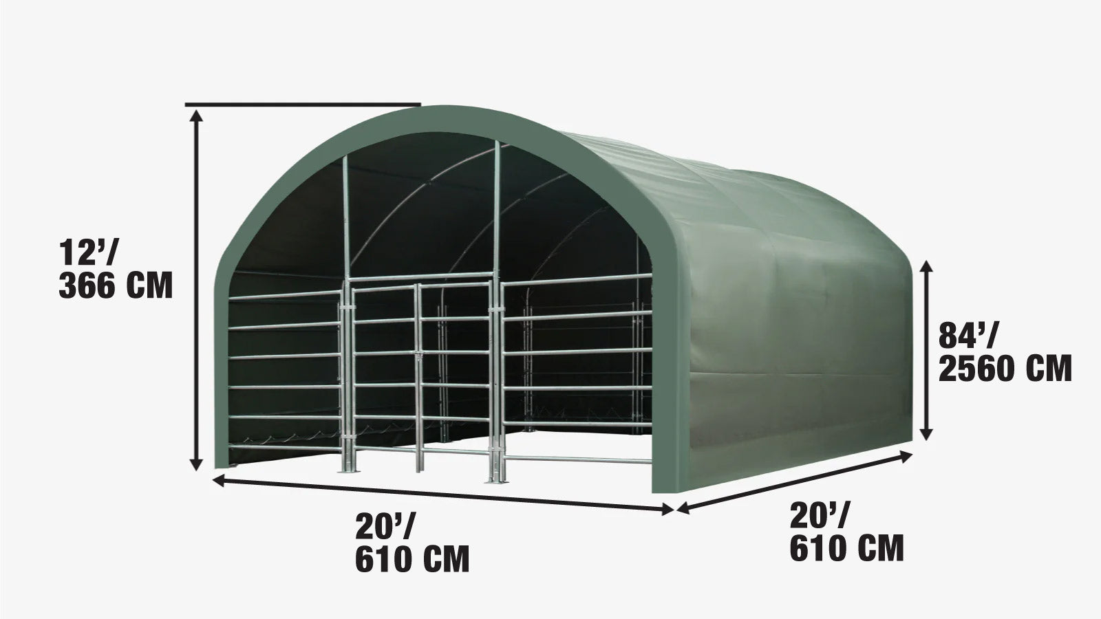 20’ x 20’ Livestock Corral Shelter, Powder Coated Structure, 12’ Dome Roof, 17 oz Military Green PVC Fabric Covering, 6-Bar Corral Panels, 5’ Front Swing Gate, TMG-ST2020L-specifications-image
