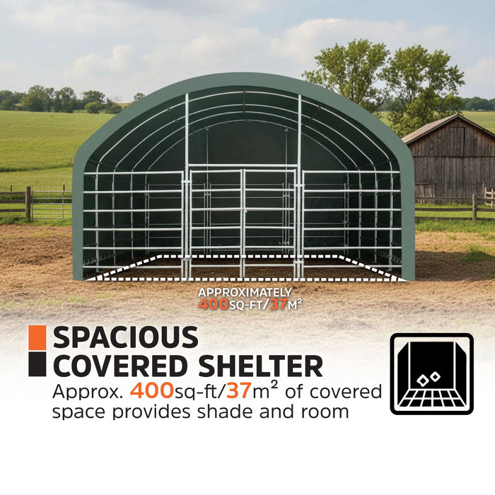 TMG Heavy Series™ 20' x 20' Livestock Corral Shelter, 12' Dome Roof, 17 oz Military Green PVC Covering, 6-Bar Corral Panels, 5' Front Swing Gate, TMG-ST2022L
