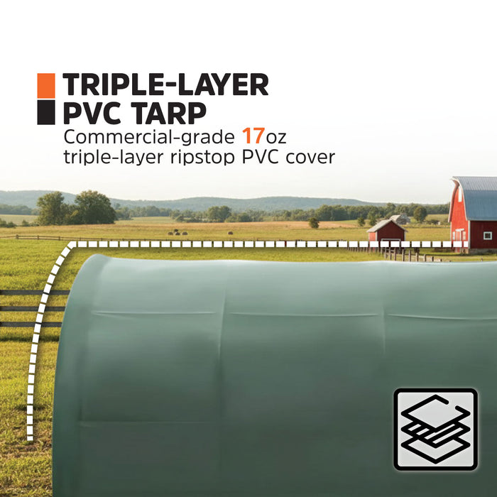 TMG Heavy Series™ 20' x 20' Livestock Corral Shelter, 12' Dome Roof, 17 oz Military Green PVC Covering, 6-Bar Corral Panels, 5' Front Swing Gate, TMG-ST2022L