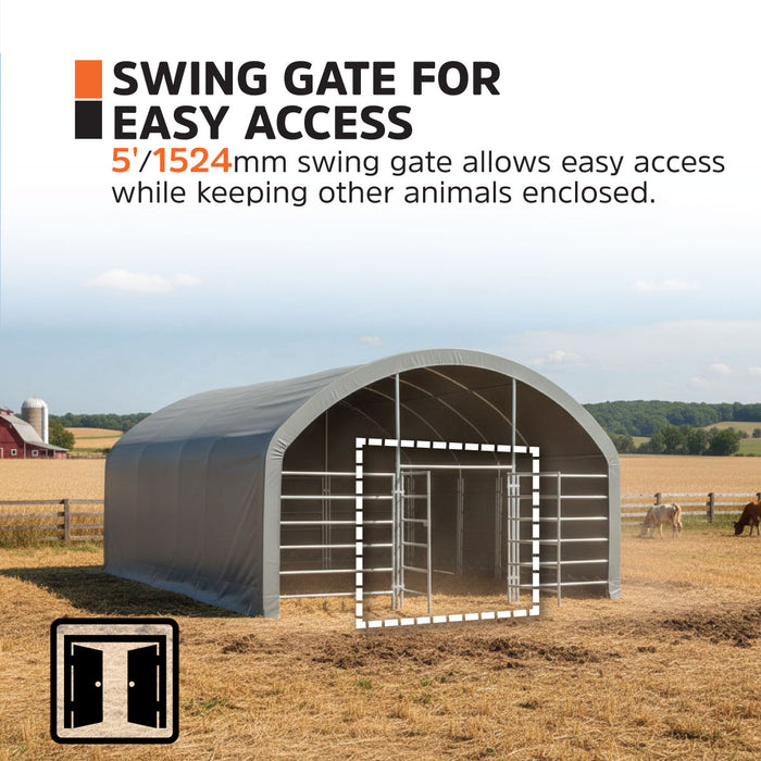 TMG Heavy Series™ 20' x 20' Livestock Corral Shelter, 12' Dome Roof, 17 oz Military Green PVC Covering, 6-Bar Corral Panels, 5' Front Swing Gate, TMG-ST2022L
