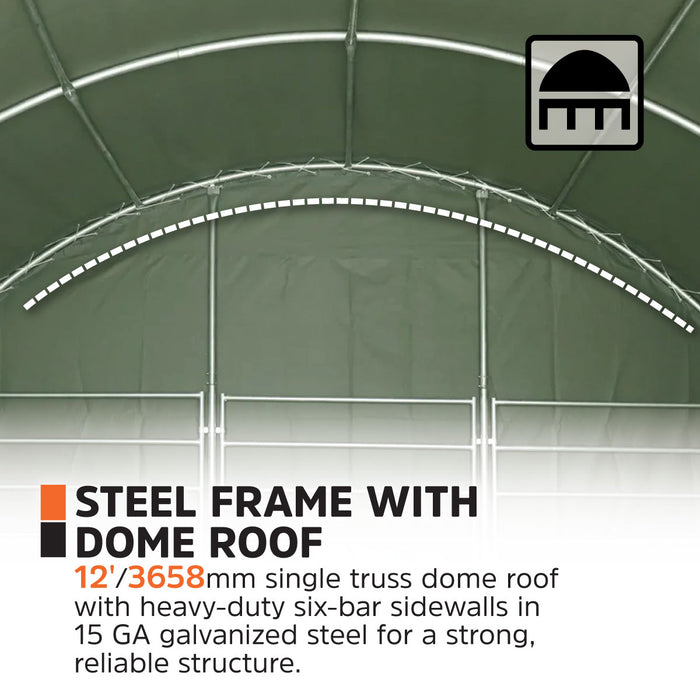 TMG Heavy Series™ 20' x 20' Livestock Corral Shelter, 12' Dome Roof, 17 oz Military Green PVC Covering, 6-Bar Corral Panels, 5' Front Swing Gate, TMG-ST2022L