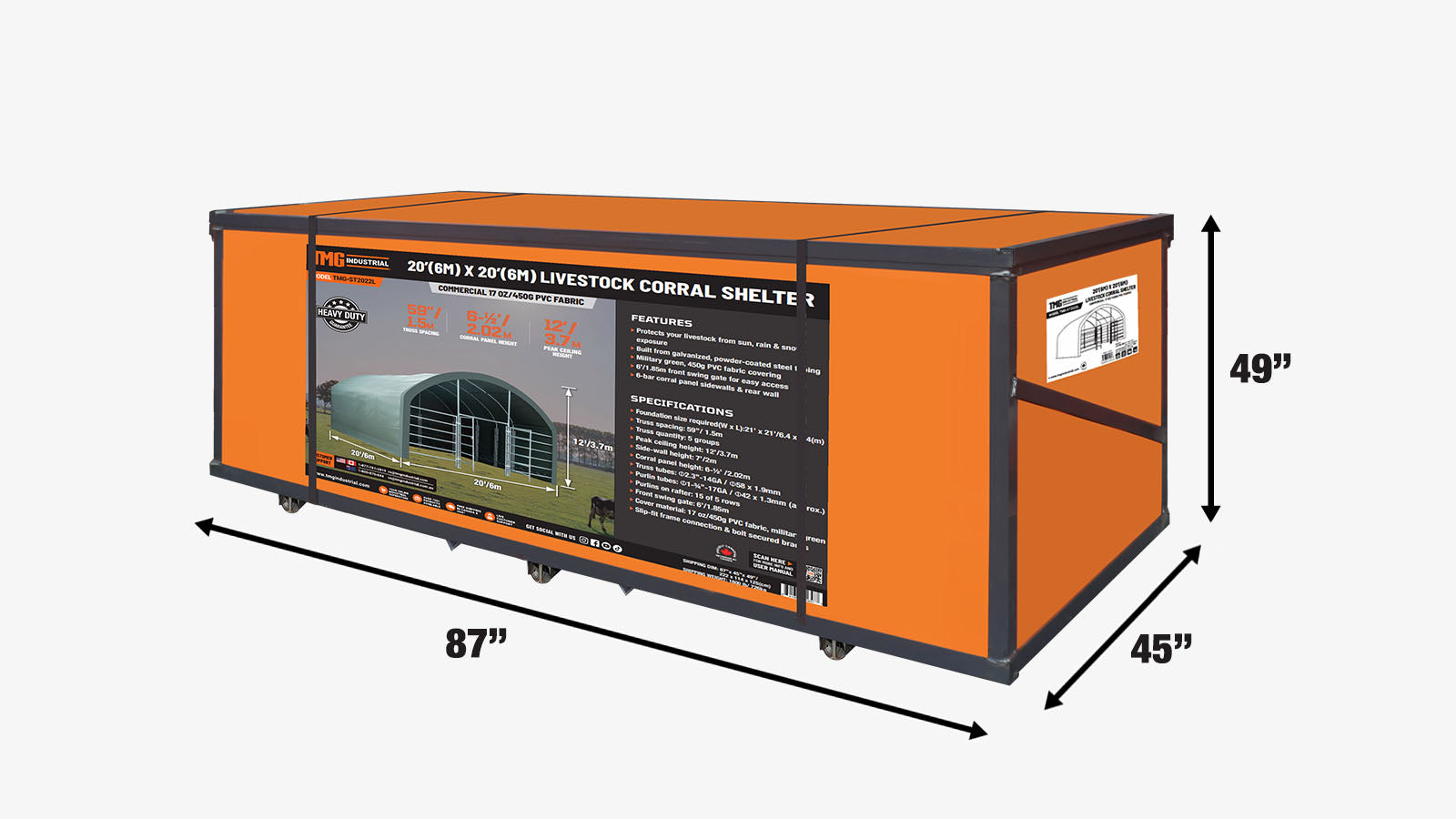 TMG Heavy Series™ 20' x 20' Livestock Corral Shelter, 12' Dome Roof, 17 oz Military Green PVC Covering, 6-Bar Corral Panels, 5' Front Swing Gate, TMG-ST2022L-shipping-info-image