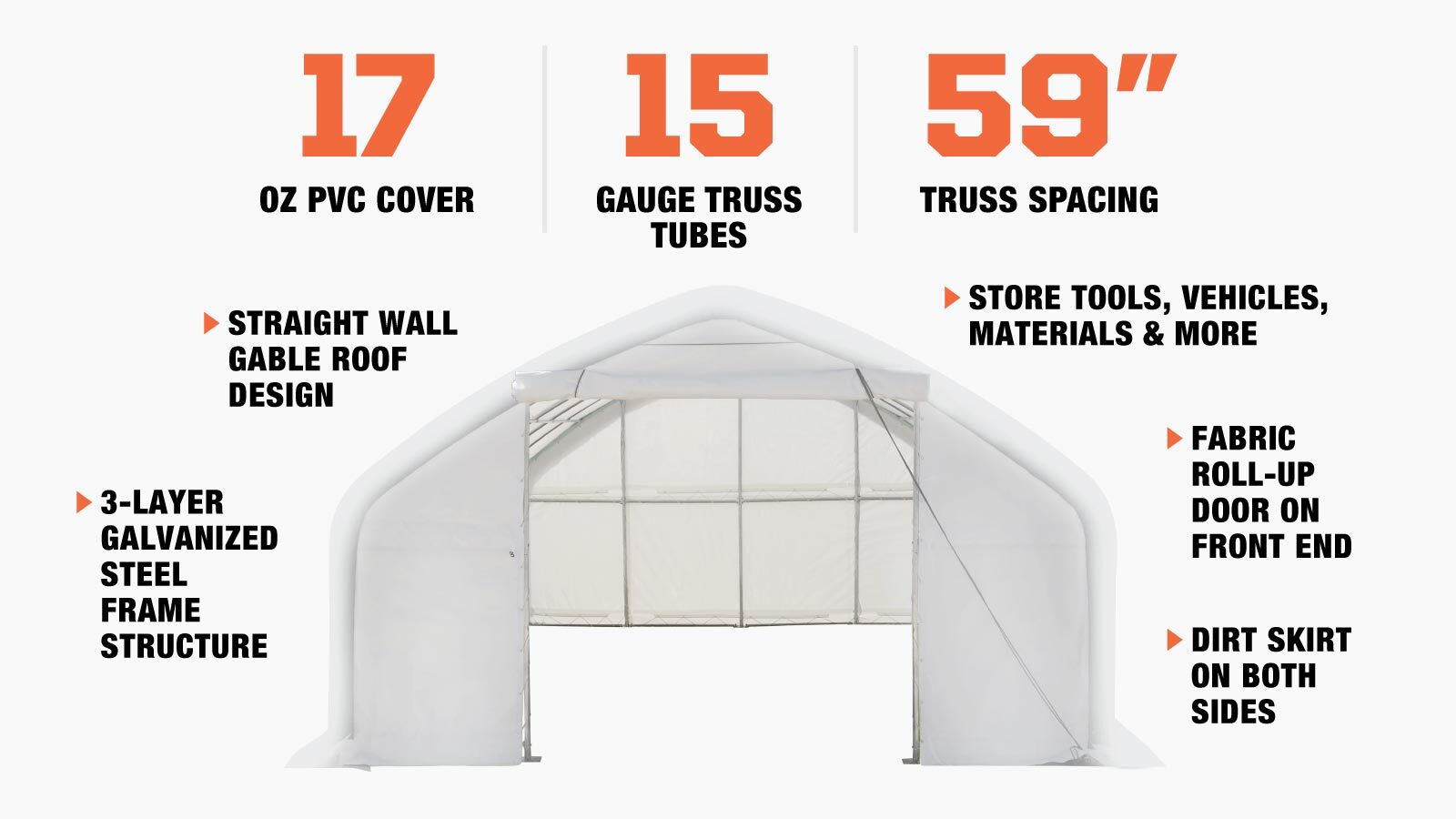 TMG Industrial 20' x 30' Straight Wall Peak Ceiling Storage Shelter with Heavy Duty 17 oz PVC Cover & Drive Through Door, TMG-ST2031V (Previously ST2030V)-description-image