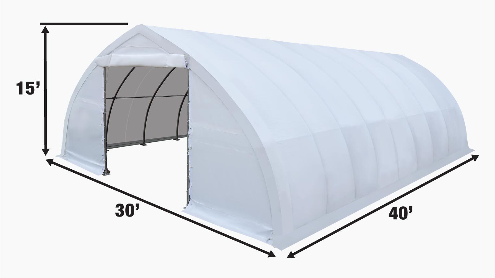 TMG Industrial 30' x 40' Peak Ceiling Storage Shelter with Heavy Duty 17 oz PVC Cover & Drive Through Doors, TMG-ST3040V-specifications-image