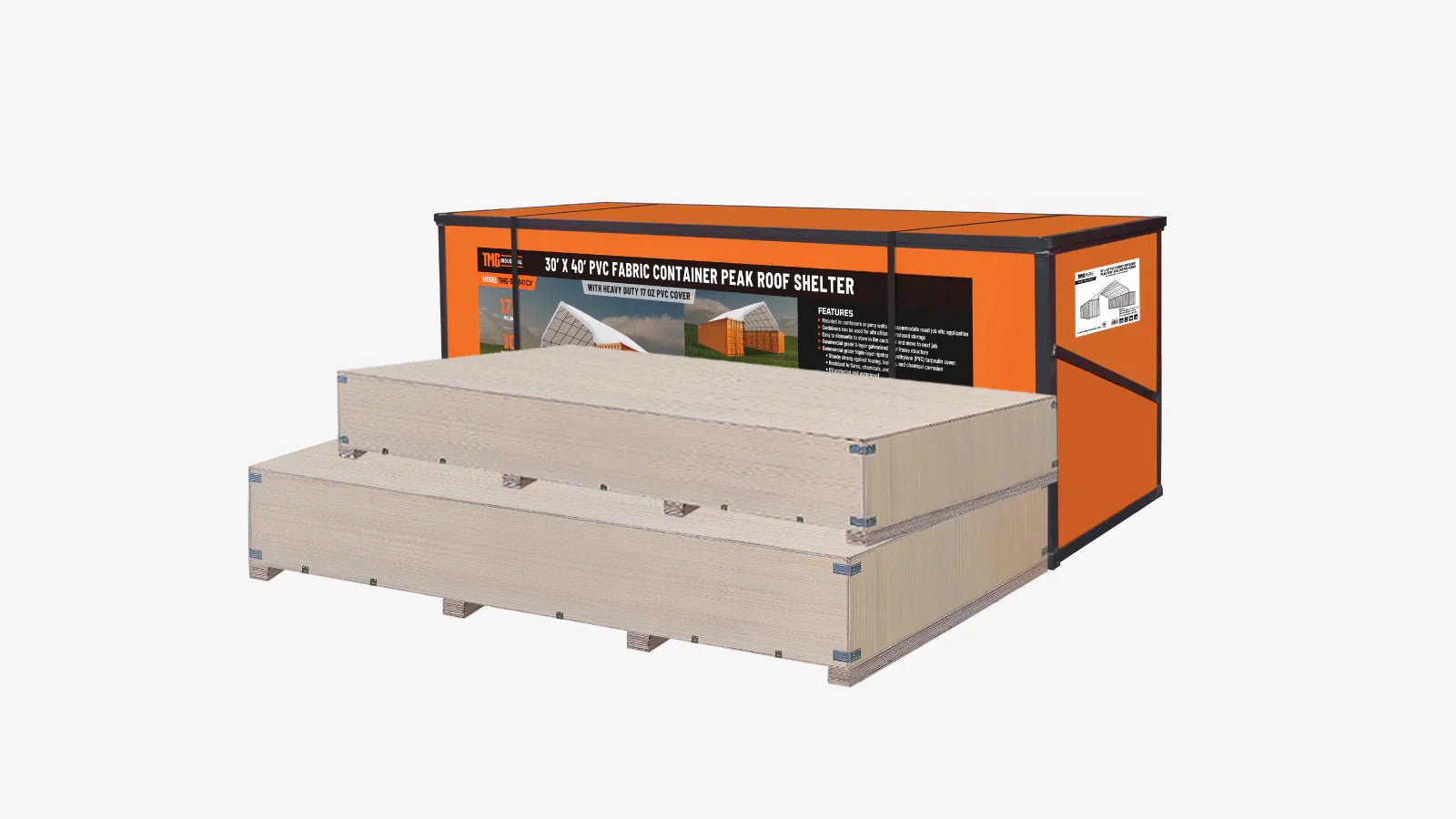 30' x 40' Container Peak Roof Shelter TMG Heavy Series™ with Heavy Duty 17 oz PVC Cover, Fully Enclosed front and back endwalls, TMG-ST3042CG (Previously ST3041CG)-shipping-info-image