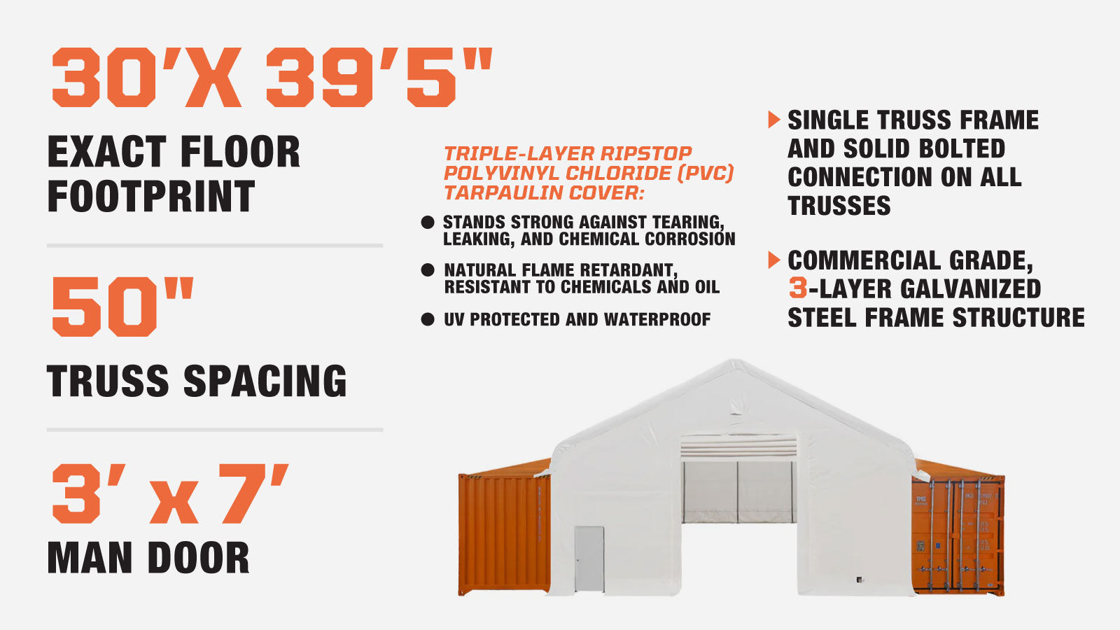 30' x 40' Container Peak Roof Shelter TMG Heavy Series™ with Heavy Duty 17 oz PVC Cover, Fully Enclosed front and back endwalls, TMG-ST3042CG (Previously ST3041CG)-description-image