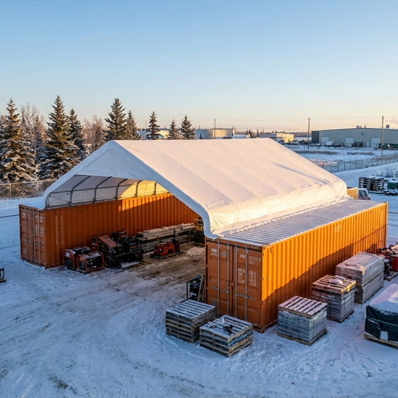 30' x 40' PVC Fabric Container Shelter, Peak Roof, with End Wall & Partial Front Drop, TMG-ST3042CVF (Previously ST3041CVF) (Discontinued – No Longer Available)