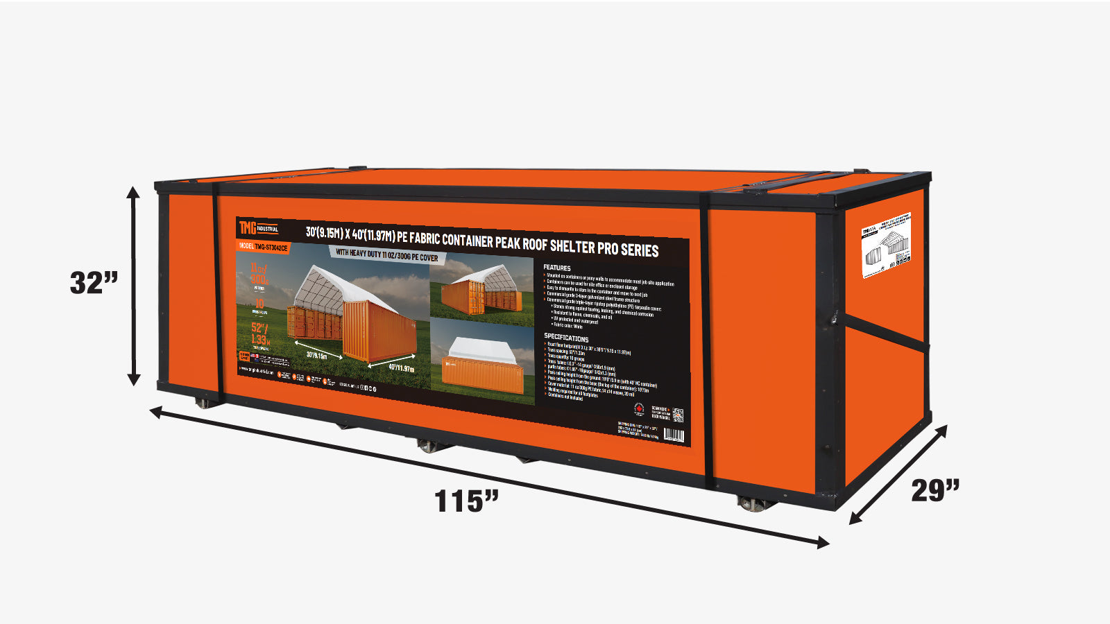 30' x 40' PE Fabric Pro Series Container Peak Roof Shelter, Fire Retardant, 10' Ceiling Height, UV Protected, TMG-ST3041CE(Previously TMG-ST3040CE)-shipping-info-image