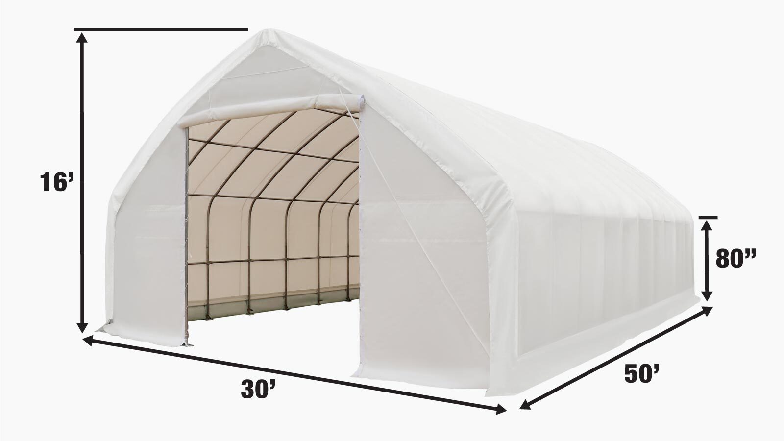 TMG Industrial 30' x 50' Straight Wall Peak Ceiling Storage Shelter with Heavy Duty 17 oz PVC Cover & Drive Through Doors, TMG-ST3050V-specifications-image