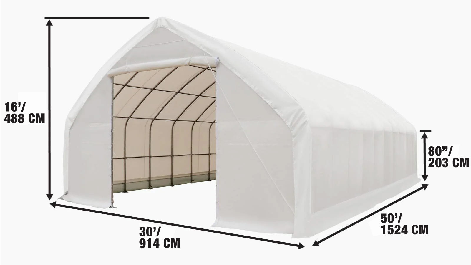30' x 50' Straight Wall Peak Ceiling Storage Shelter with Heavy Duty 17 oz PVC Cover & Drive Through Doors, TMG-ST3050V-specifications-image