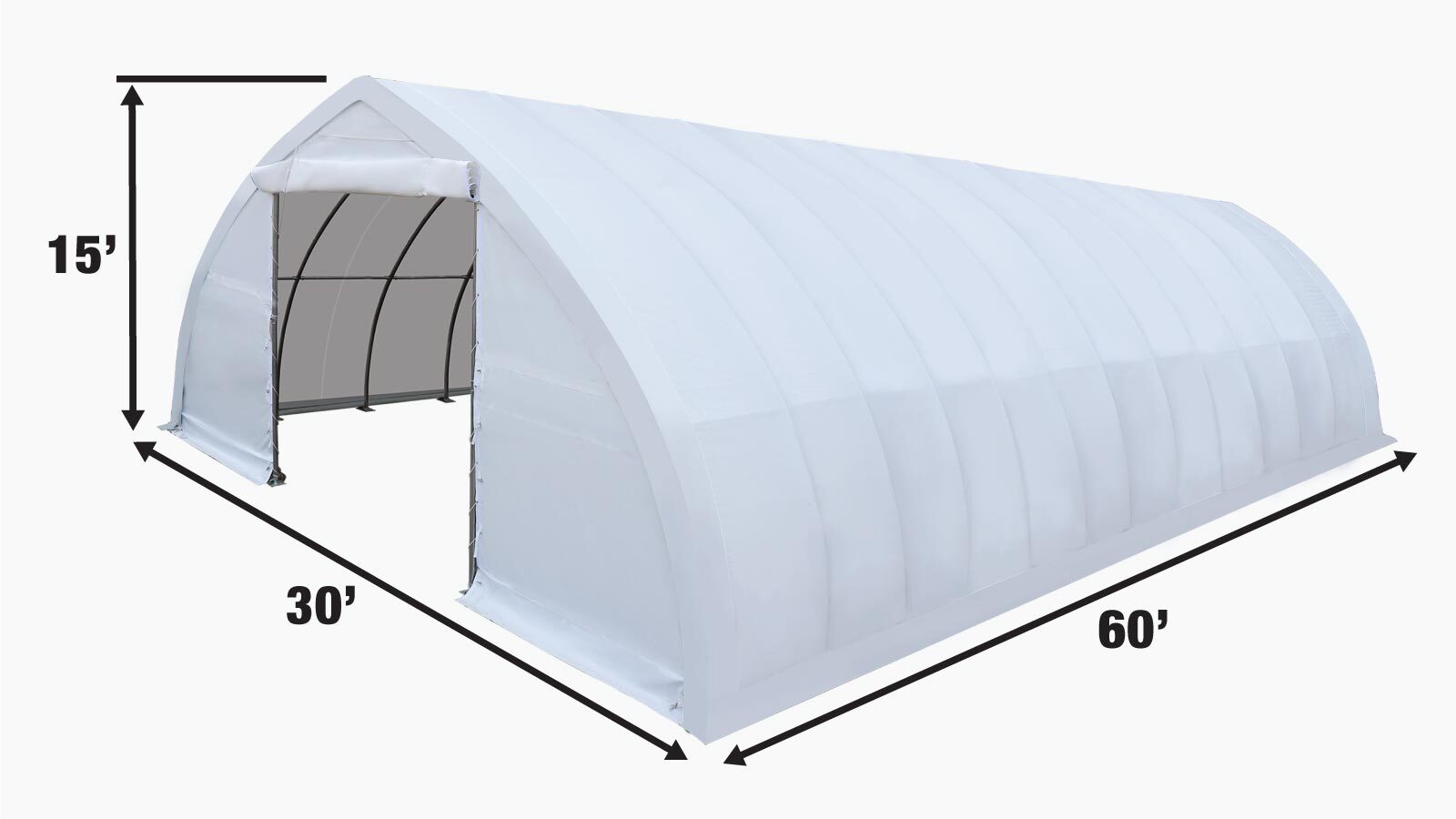 TMG Industrial 30' x 60' Peak Ceiling Storage Shelter with Heavy Duty 17 oz PVC Cover & Drive Through Doors, TMG-ST3060V-specifications-image
