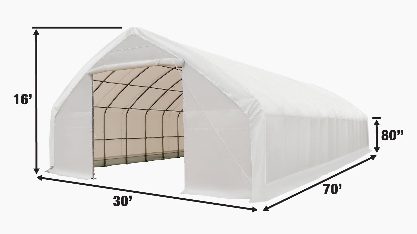 TMG Industrial 30' x 70' Straight Wall Peak Ceiling Storage Shelter with Heavy Duty 17 oz PVC Cover & Drive Through Doors, TMG-ST3070V-specifications-image