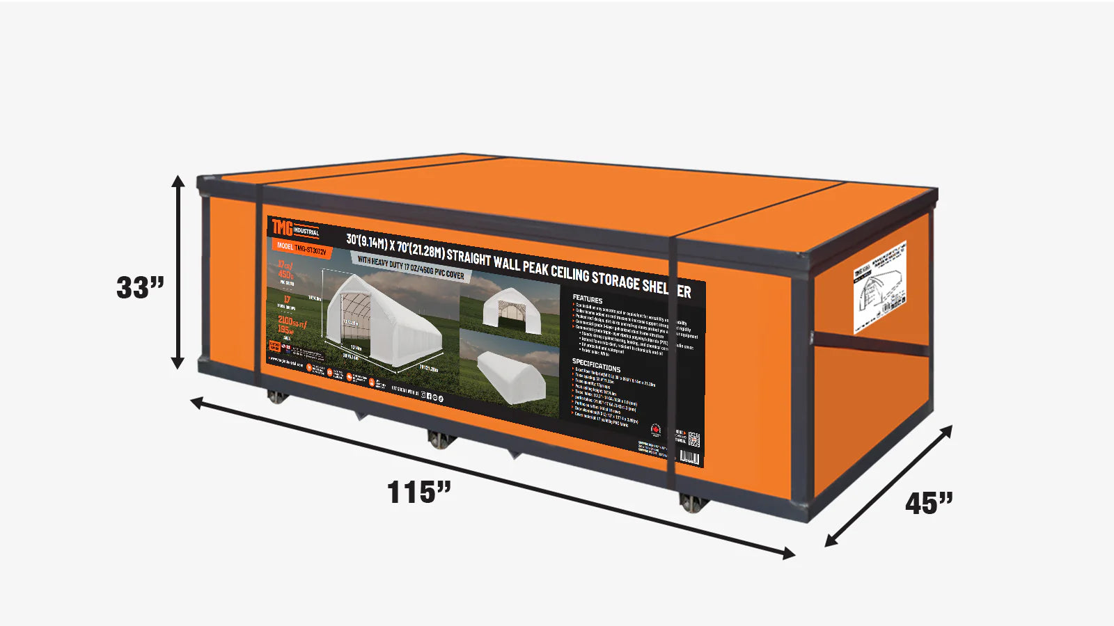 30' x 70' Straight Wall Peak Ceiling Storage Shelter with Heavy Duty 17 oz PVC Cover TMG-ST3072V (Previously ST3070V)-shipping-info-image