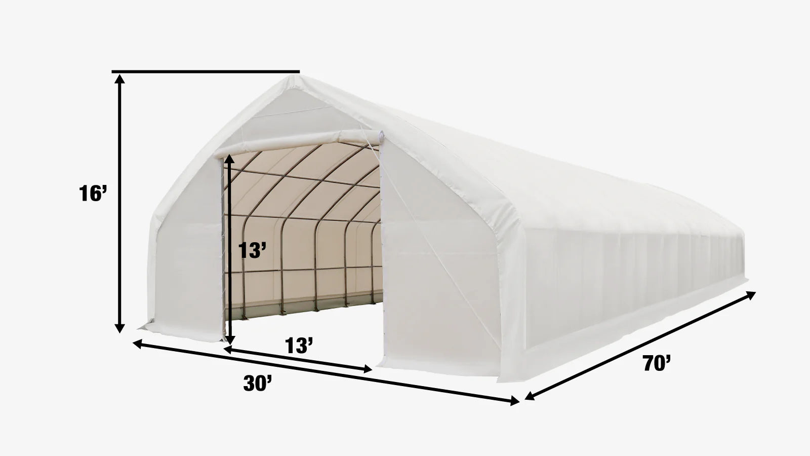 30' x 70' Straight Wall Peak Ceiling Storage Shelter with Heavy Duty 17 oz PVC Cover TMG-ST3072V (Previously ST3070V)-specifications-image