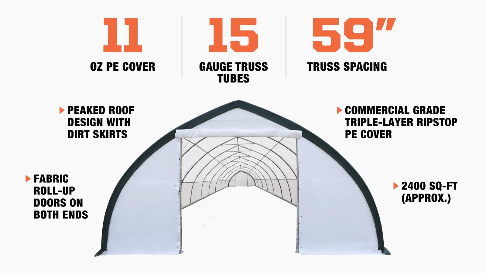 TMG Industrial 30' x 80' Peak Ceiling Storage Shelter with Heavy Duty 11 oz PE Cover & Drive Through Doors, TMG-ST3080E (Previously ST3080)-description-image